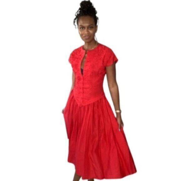 Allegra Red Vintage Midi/Maxi Cap Sleeve Dress - Picture 4 of 15